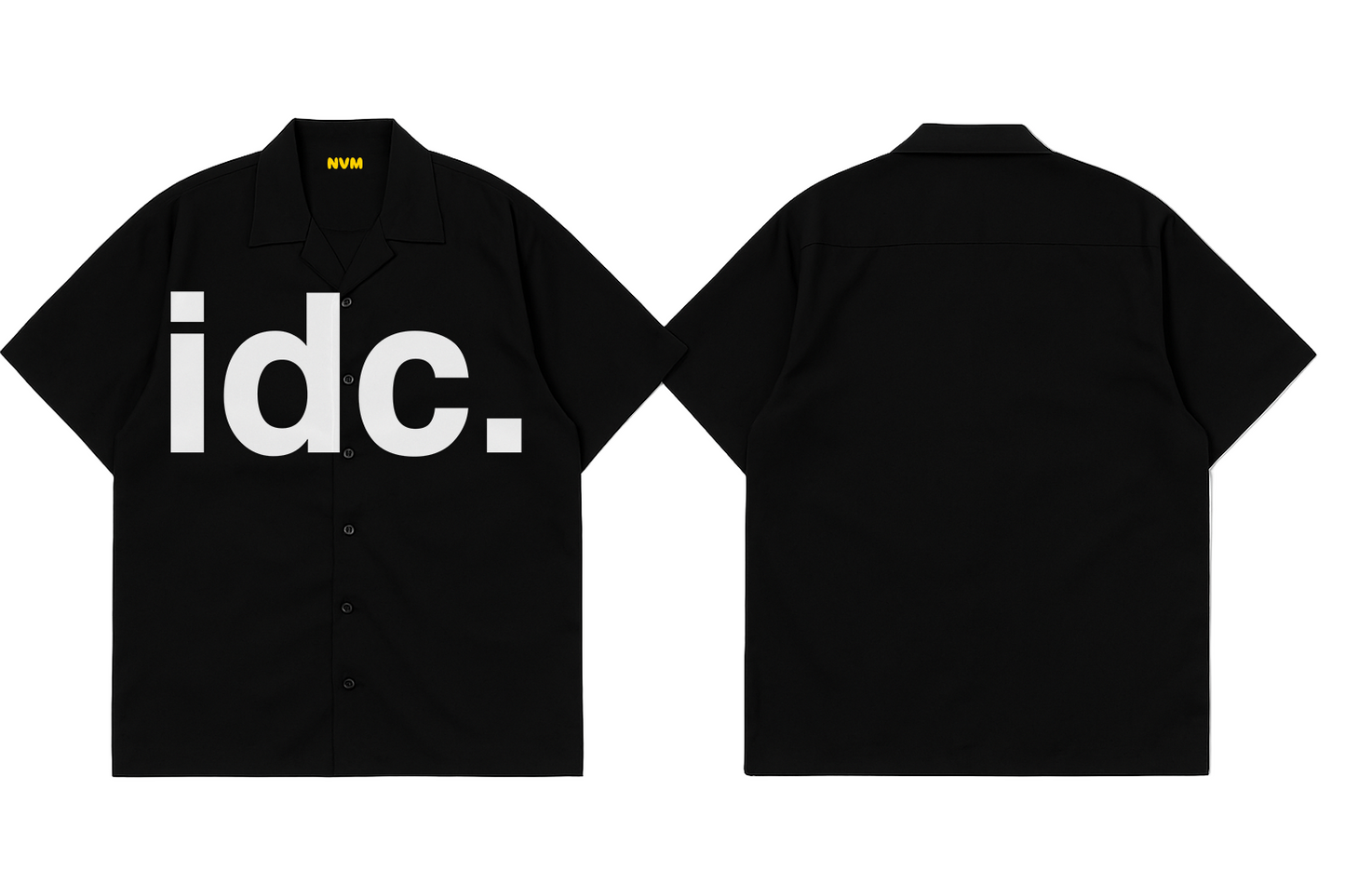 Black t-shirt with 'idc.' text on a white background