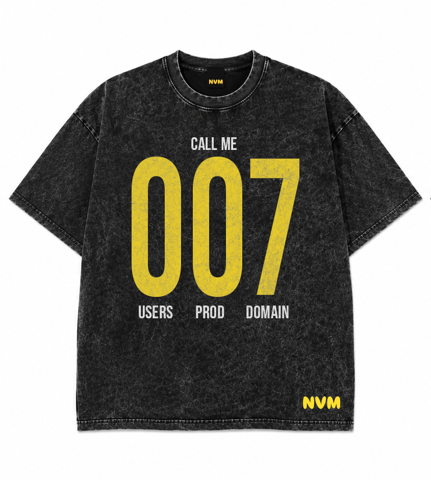 Front and back views of a black acid-wash t-shirt featuring a yellow '007' graphic with white text details on the front, and a small yellow 'NVM' logo on the back.