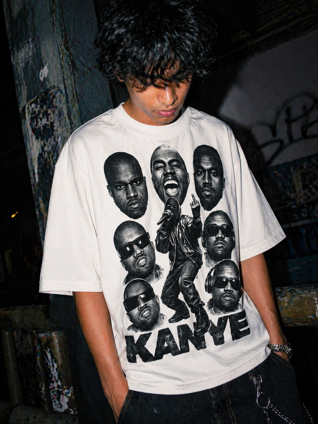 Person wearing a white t-shirt with a graphic of Kanye West and the word 'Kanye' printed on it.