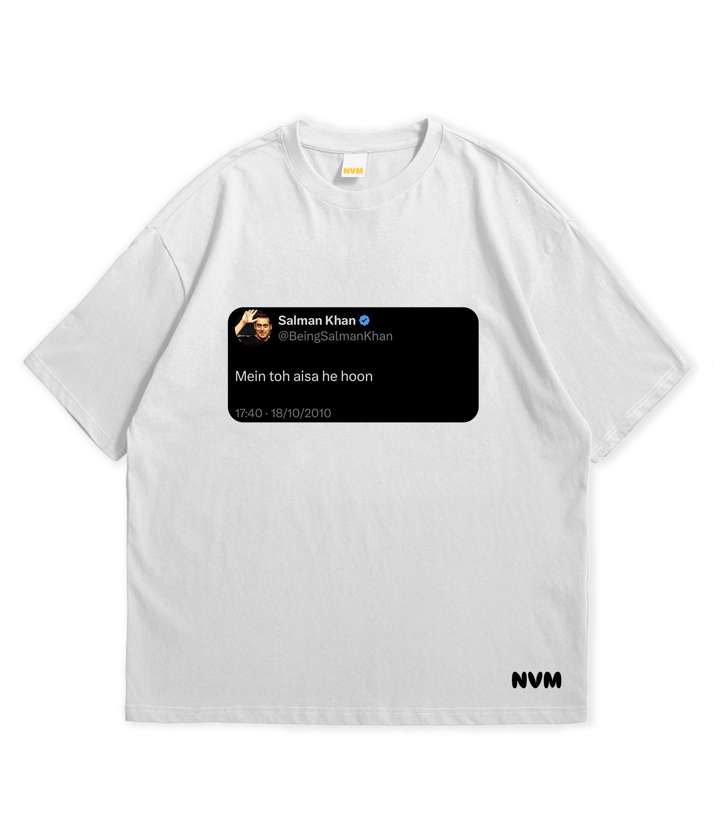 A white short-sleeve t-shirt shown from both front and back views on a plain white background. The front view features a black rectangular graphic on the chest with a mock social media post, and a small black 'NVM' logo near the bottom right hem.
