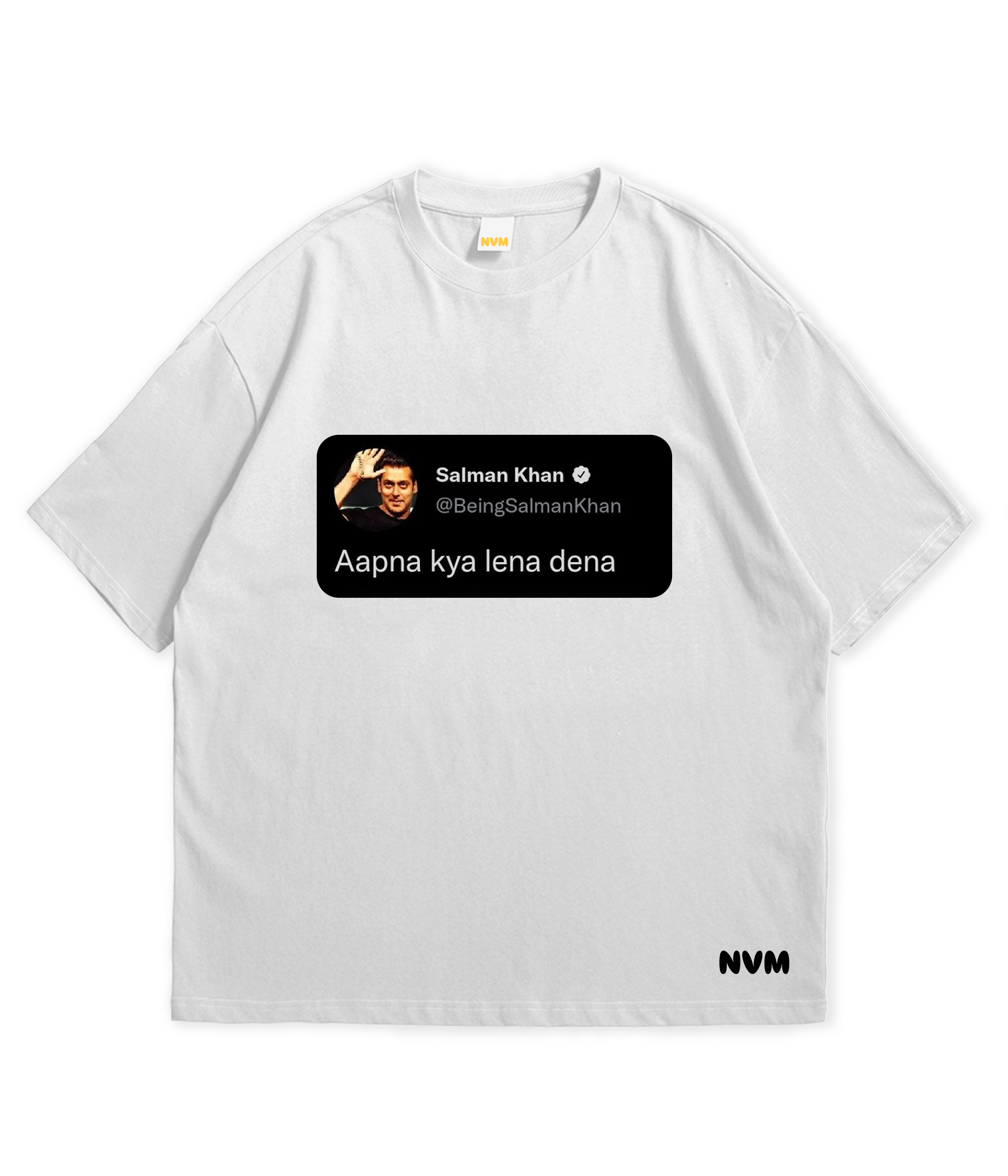 A white short-sleeve t-shirt shown from both front and back on a plain white background. The front features a black rectangular graphic with a photo of Salman Khan and the text 'Aspna kya lena dena' in Gujarati, along with a small 'NVM' logo near the bottom left.