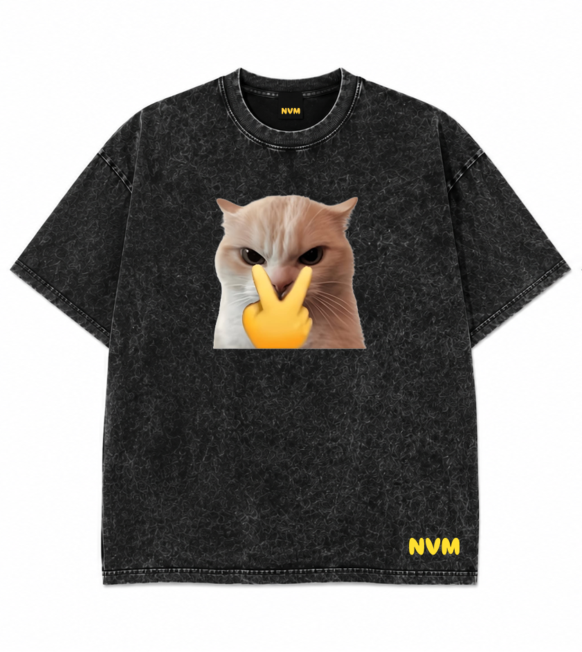 Front and back views of a black acid-wash t-shirt. The front features a graphic of a cat with a yellow hand gesture on the chest, and 'NVM' printed in yellow near the bottom hem.