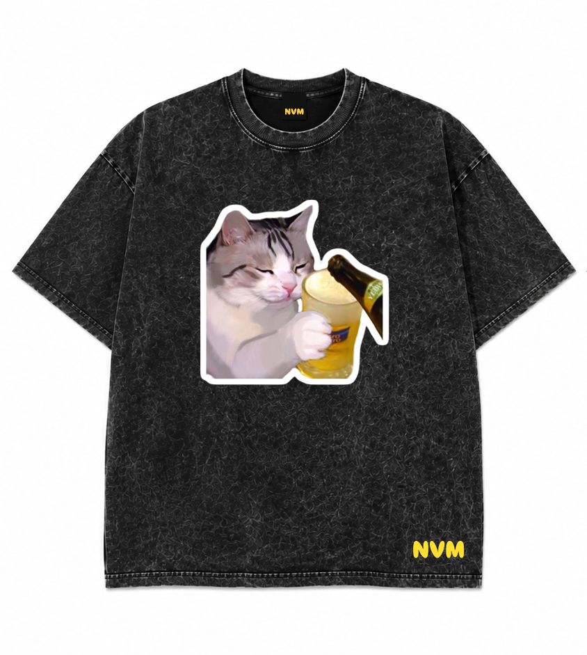 A black acid-wash short-sleeve t-shirt shown from both front and back. The front features a graphic of a cat holding a yellow drink, and the back is plain.