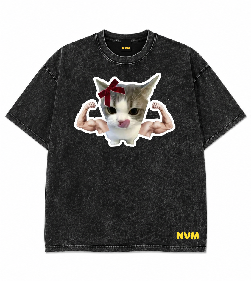 A black acid-wash short-sleeve t-shirt shown from both front and back. The front features a graphic of a white cat flexing its biceps with a red bow, and the back is plain.