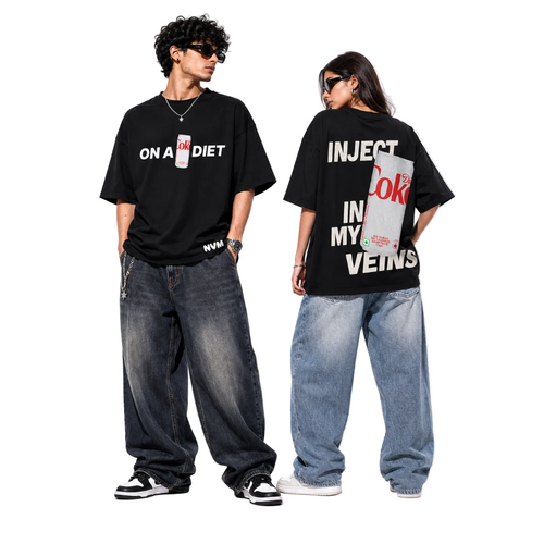 Two people wearing black t-shirts with bold text and graphics on a white background