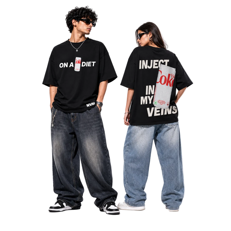 Two people wearing black t-shirts with bold text and graphics on a white background